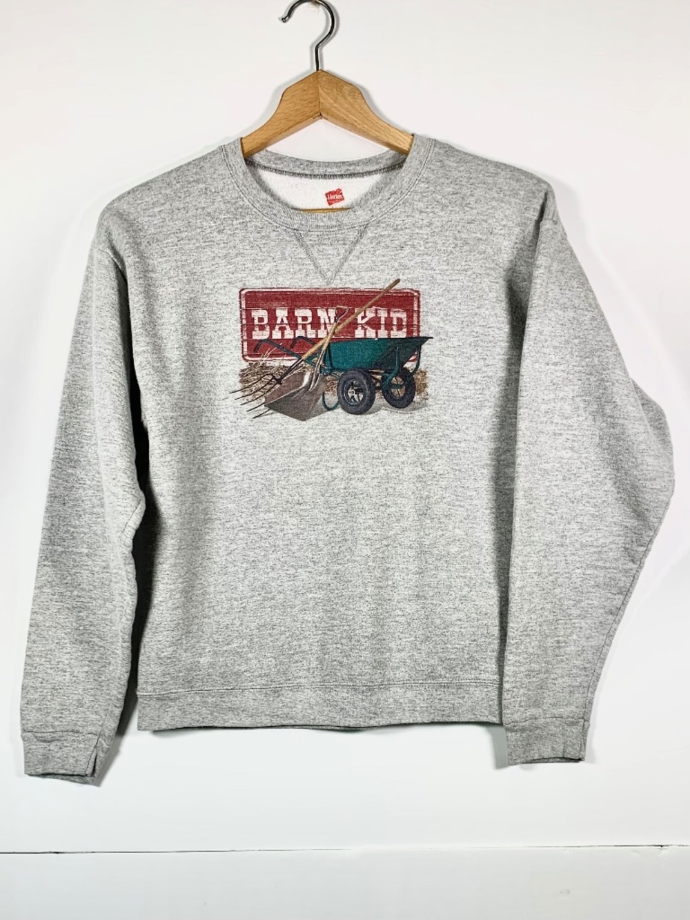 Vintage Hanes “BARN KID” Sweatshirt Gray Long Sleeve Farm Wheelbarrow Red Green